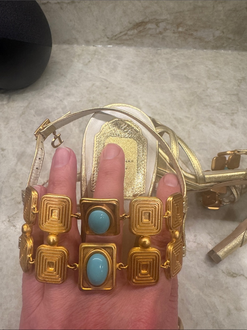 Dior Gold Strappy Heels with Turquoise Stone Accents - Picture 11 of 11